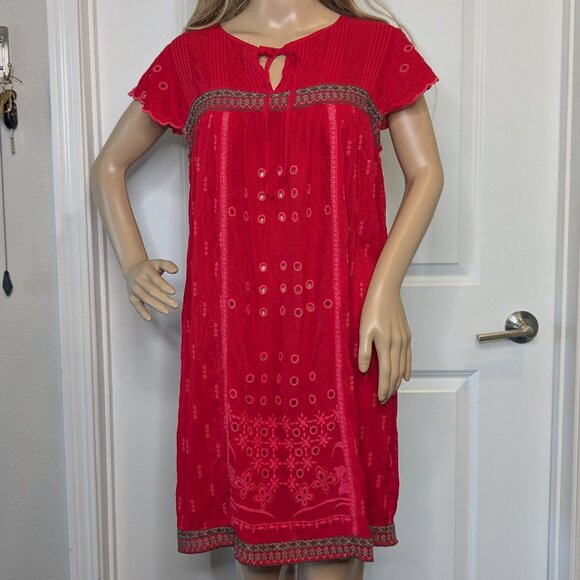 Johnny Was Dress Women's Small Red Eyelet Embroidered Scalloped V-Neck Babydoll - Picture 8 of 16